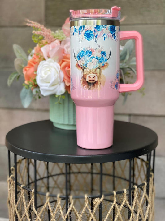 Floral Highland Cow Tumbler